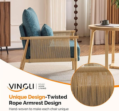 VINGLI Boho Braid Accent Armchair,Mid-Century Modern Chiar with Solid Wooden Armrest,Comfy Louge Cushion Chair with Waist Pillow for Bedroom,Living Room,Reading Room, Teal