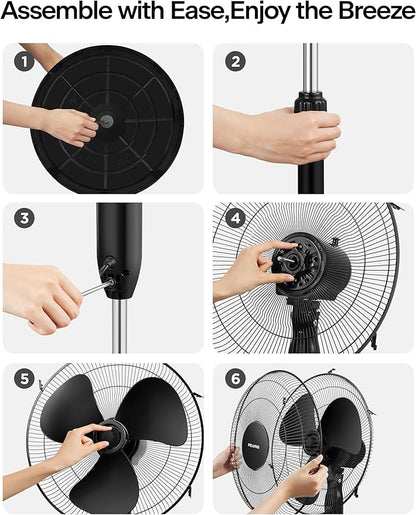 PELONIS 16'' Pedestal Fan for Bedoom, Remote, Standing Fan with 7-Hour Timer, 90° Oscillation, 3-Speeds, Adjustable Height, Electric Cooling Fans for Living Room and Office