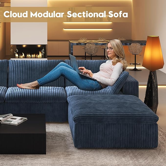 157.5" U Shaped Modern Sofa Modular Sectional Cloud Couch with 2 Ottoman,Deep Seat Upholstered Couches with Corduroy Fabric for Living Room Furniture,Bedroom and Apartment,No Assembly Required,Blue