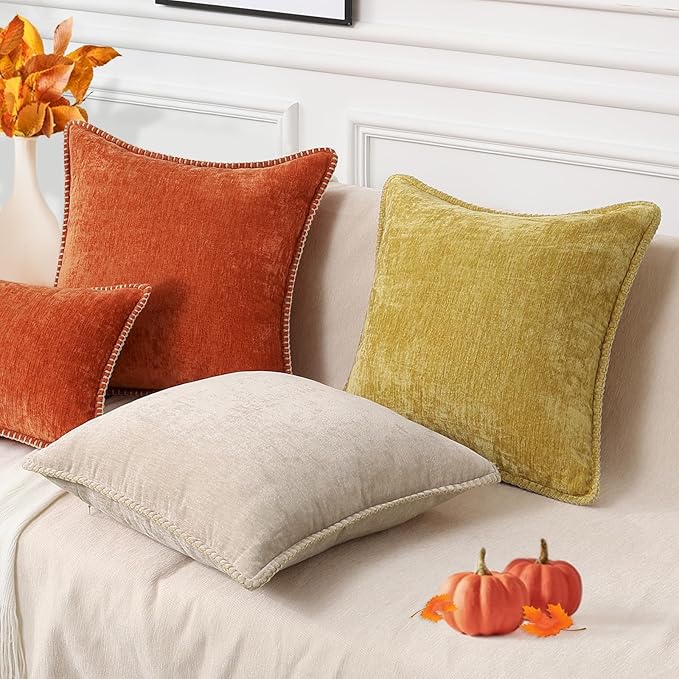 decorUhome Fall Chenille Soft Throw Pillow Covers 24x24 Set of 2, Farmhouse Velvet Neutral Decorative Euro Pillow Covers with Stitched Edge for Couch Sofa Bed Home Decor, Rust