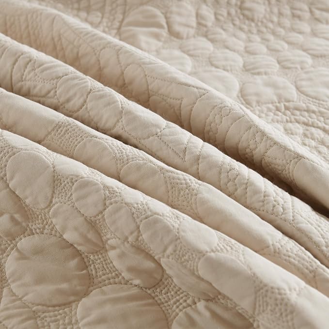 MarCielo 3-Piece 100% Cotton Oversized Bedspread Lightweight Quilt Coverlet Embroidery Farmhouse Bedding (Tf Khaki Beige, Oversized Queen (100"x106"))
