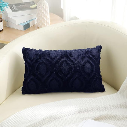 decorUhome Fall Throw Pillow Covers 12x20 Inch Set of 2, Soft Plush Decorative Faux Fur Navy Blue Solid Couch Pillow Covers, Accent Farmhouse Neutral Lumbar Euro Pillow Cases for Sofa Bed Living Room