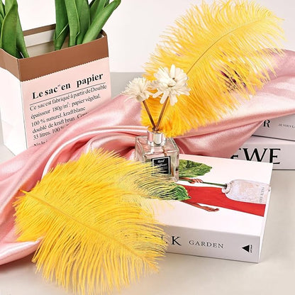 THARAHT Golden Yellow Ostrich Feathers 12pcs Natural Bulk 8-10Inch 20cm-25cm for Crafts Wedding Party Centerpieces Halloween and Home Decoration Feathers