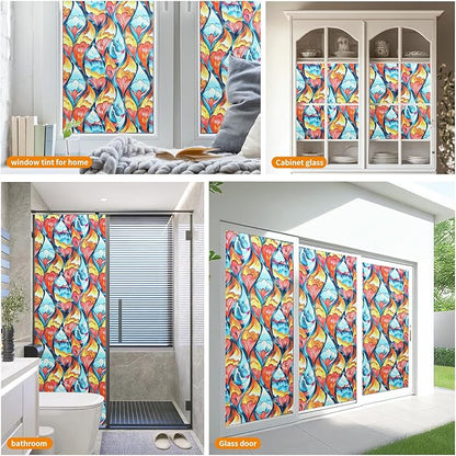 Window Privacy Film Stained Glass Decorative Static Clings Frosted Window Tint for Home Room Decor Bathroom Door Car Stickers with Glittering Effect, Removable(Tulip)