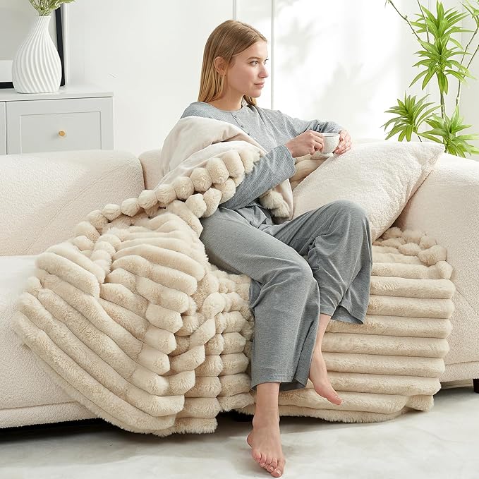 Cozy Bliss Faux Fur Throw Blanket for Couch, Cozy Warm Plush Striped Blanket for Sofa Bedroom Living Room,60 * 80 Inches Beige