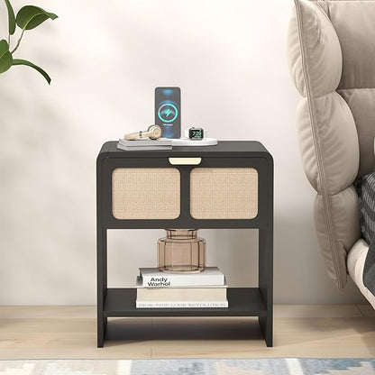 LEVNARY Nightstand Set of 2, Mid-Century Modern Bedside Table with Charging Station and Fabric-Like Textured Drawer, Wooden End Table for Farmhouse Bedroom Living Room (2, Black)