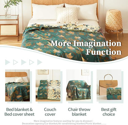 Woven Throw Blanket Cotton Cozy and Soft King Size Blanket Two Side Available Large Bed Blankets All Season Blanket for Couch Bedding (90"x98",01-Cute Bird)