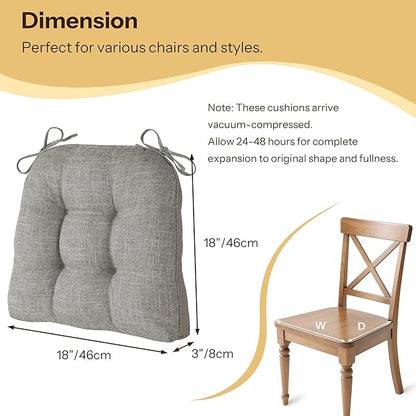 Non Slip Chair Cushions for Dining Chairs Set of 4 Kitchen Chair Cushions 18"x18"x3" Turfted Chair Pads Comfortable and Soft Seat Cushion with Ties, Light Grey