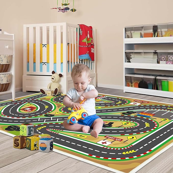 Kids Rug Play mat Playroom Rugs Car Rugs for Kids Toy Cars Race Track for Classroom Rug (Race-Brown, 5.2x7.9ft)