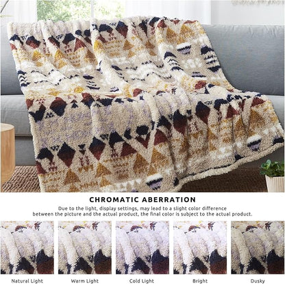 CASAAGUSTO Boho Sherpa Blanket,Teal Aztec Twin Blanket, Ultra Soft, Warm, Cozy, Plush, Thick Fleece Western Blanket for Couch, Bed, Sofa (Khaki 60 * 80 Inch)