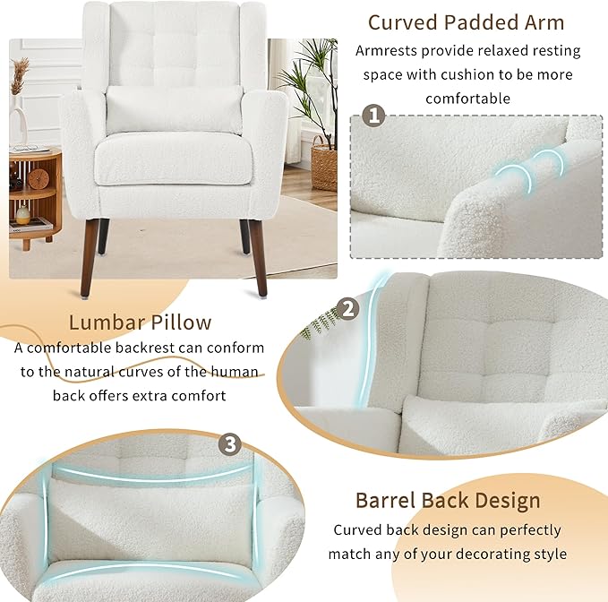 Accent Chair Set of 2, Upholstered Armchair with Pillow, Teddy Single Sofa with Lounge Seat and Wood Legs for Living Room Small Spaces