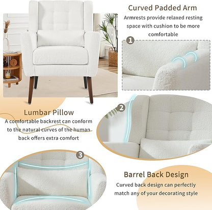 Modern Accent Chair, Upholstered Armchair with Pillow, Teddy Single Sofa Chair with Lounge Seat and Wood Legs Accent Chair for Living Room Bedroom Small Spaces