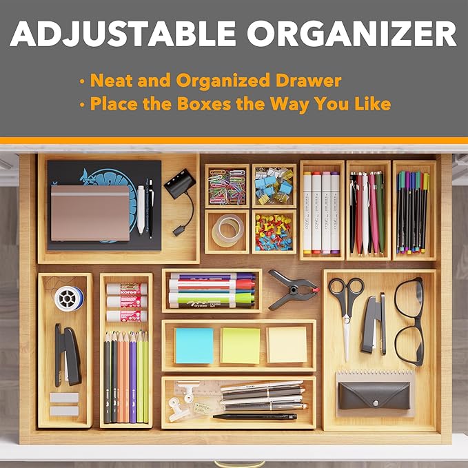 SpaceAid 14-Piece Bamboo Drawer Organizer Storage Boxes Set, Wood Tray Junk Drawer Organizers Multi-Use Divider Bins for Kitchen, Bathroom, Office Desk and Makeup Organization (14 Pack, Natural)