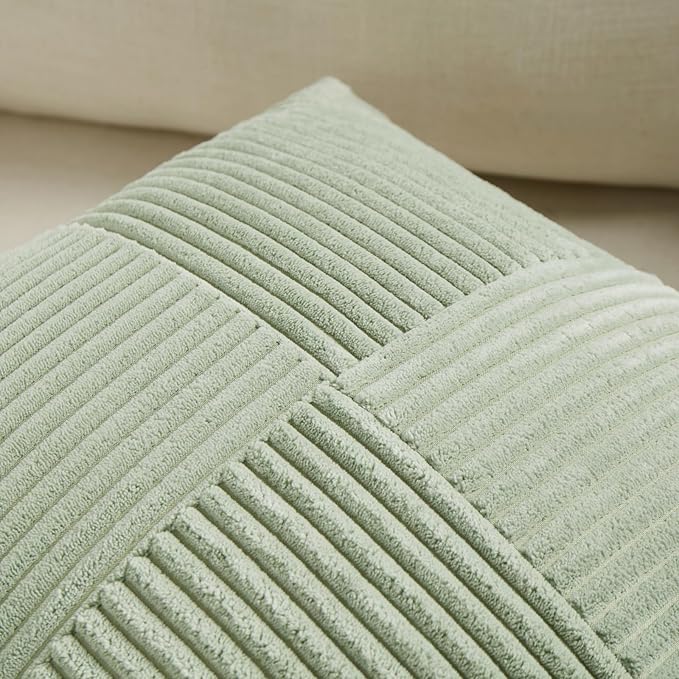 Fancy Homi 2 Packs Sage Green Lumbar Decorative Throw Pillow Covers 12x20 Inch for Living Room Couch Bed, Rustic Farmhouse Boho Home Decor, Soft Striped Corduroy Rectangle Accent Cushion Case 30x50 cm