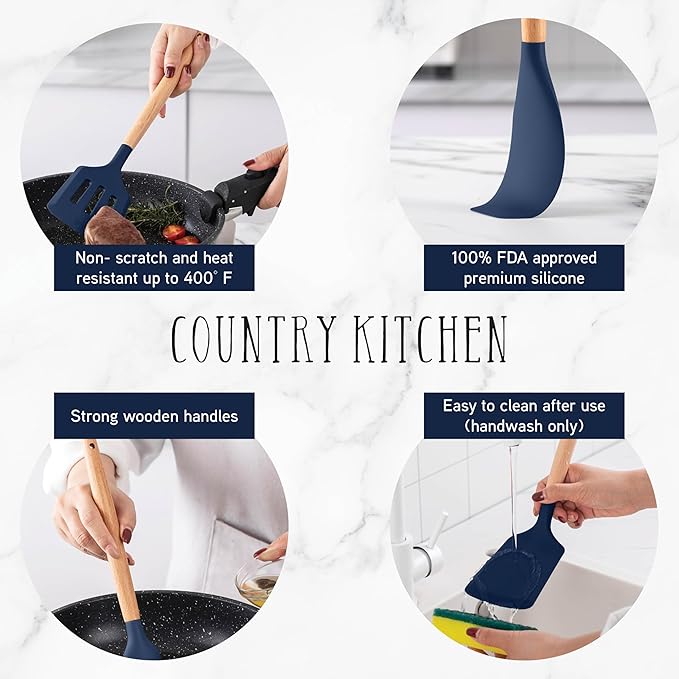 Country Kitchen Non Stick Silicone Utensil Set with Rounded Wood Handles for Cooking and Baking, 14 Piece Set, Navy