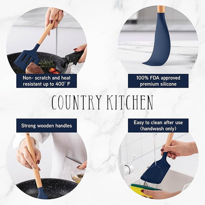 Country Kitchen Non Stick Silicone Utensil Set with Rounded Wood Handles for Cooking and Baking, 14 Piece Set, Navy