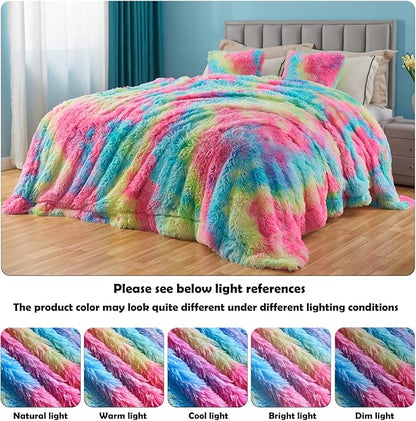 GONAAP Fuzzy Faux Fur Throw Blanket Queen Size Dark Rainbow Super Soft Cozy Plush Fuzzy Shaggy Blanket for Couch Sofa Bed (Dark Rainbow, Queen(90"x90"))