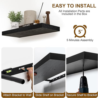 Black Floating Shelves 48 Inch Long, 8 Deep Floating Shelves for Wall, Rustic 48" Long Fireplace Mantel, Large 48 x 8 Wall Shelves for Bedroom, Living Room, Bathroom, Black Deep Shelves Set of 1