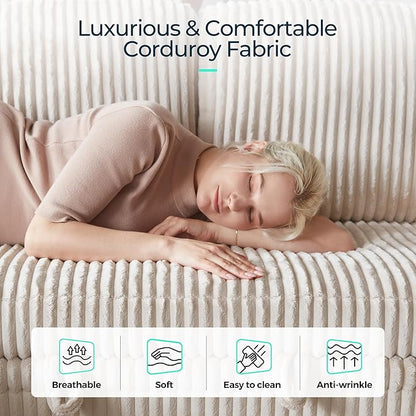 LINSY HOME Sectional Sleeper Sofa with Pull Out Couch Bed - Convertible Plush Corduroy Cloud Couch with Storage Chaise & USB Charging, Comfy U Shaped Modular Couches for Living Room, Beige