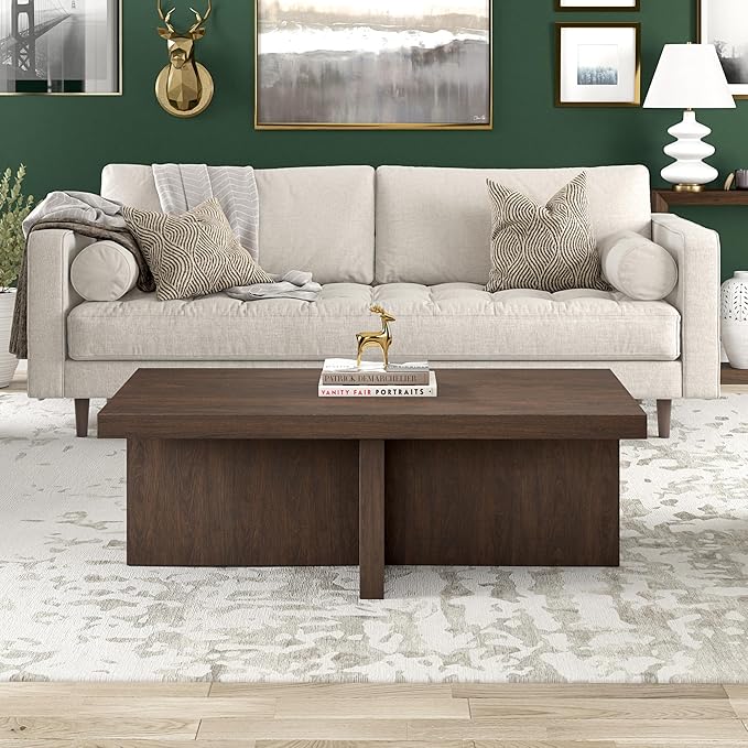 Henn&Hart 44" Rectangular Wood Pedestal Low-Profile Coffee Table for Living Room, Family Room, or Office, Alder Brown