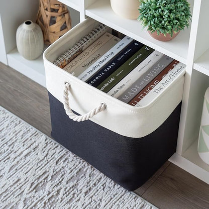OrganiHaus 13x13 Cube Storage Bins 4 Pack, Foldable Cube Storage Organizer w/ Rope Handles, Collapsible Fabric Bins for Toys, Clothes & Closet Organization, Fabric Square Baskets - Black/White
