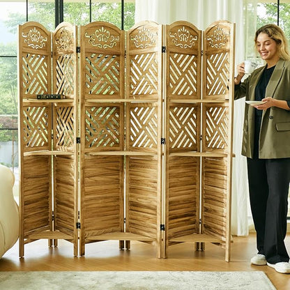 Room Divider with Shelves, 68.9inch Wood Carved and Louvered Wall Divider Freestanding, 6 Panels Folding Partition Screen for Bedroom Home Office (Natural)
