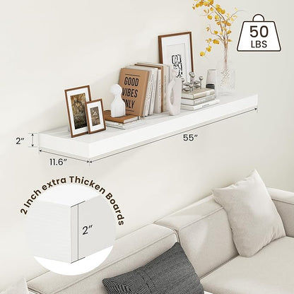 White Floating Shelves for Wall - 55 Inch Wide x 12 Inch Deep Wall Shelves Set of 1 - Rustic White Wood Shelves for Living Room, Bathroom, Laundry Room, Bedroom, Kitchen, Home Office