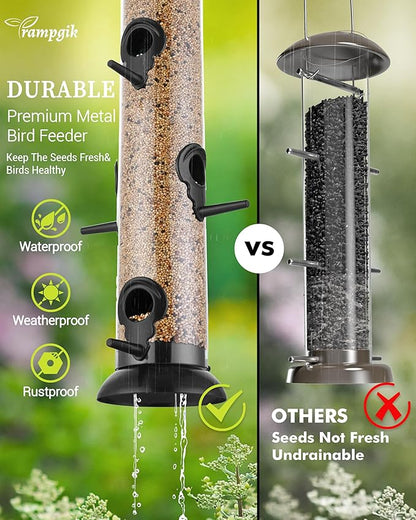 Bird Feeder Premium Hard Plastic for Wild Bird Feeders for Outdoors,Tube Bird Feeders for Outdoors Hanging,14 Inch 6 Port Black,Pack of 1