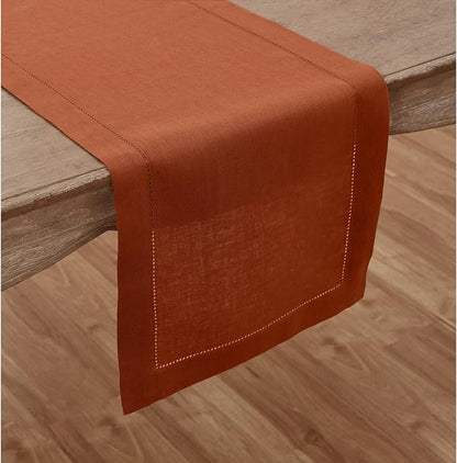 Solino Home Linen Cinnamon Hemstitch Table Runner 48 Inches - 100% Pure Linen Small Table Runner 14 x 48 Inch Ideal for Dresser and Coffee Tables - Classic Hemstitch - Fall, Halloween, Thanksgiving