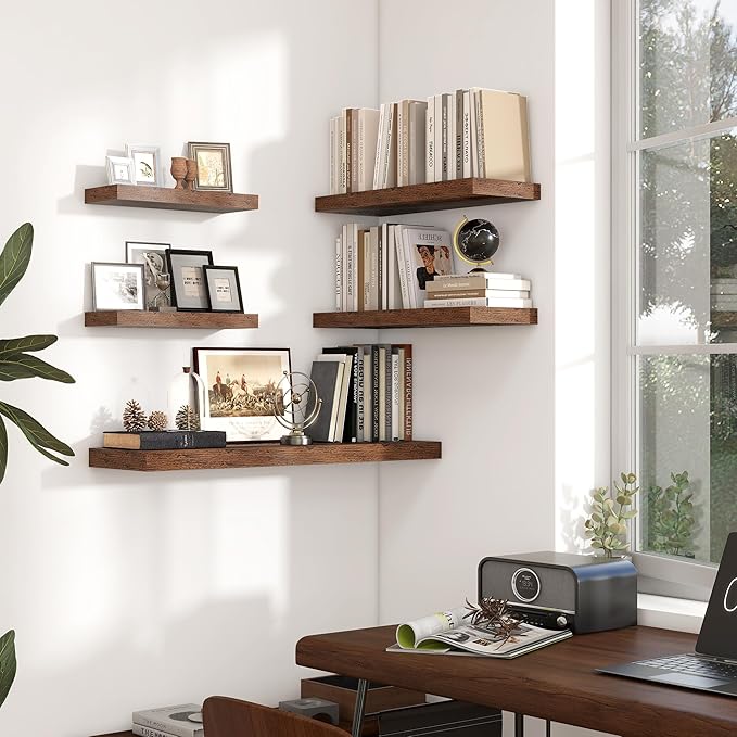 Heimlove 36 Inch Floating Shelves for Wall,10 Inch Deep Brown Wood Shelves with Invisible Brackets,Wall Mounted Storage & Display Shelves for Bedroom,Living Room,Kitchen,Office