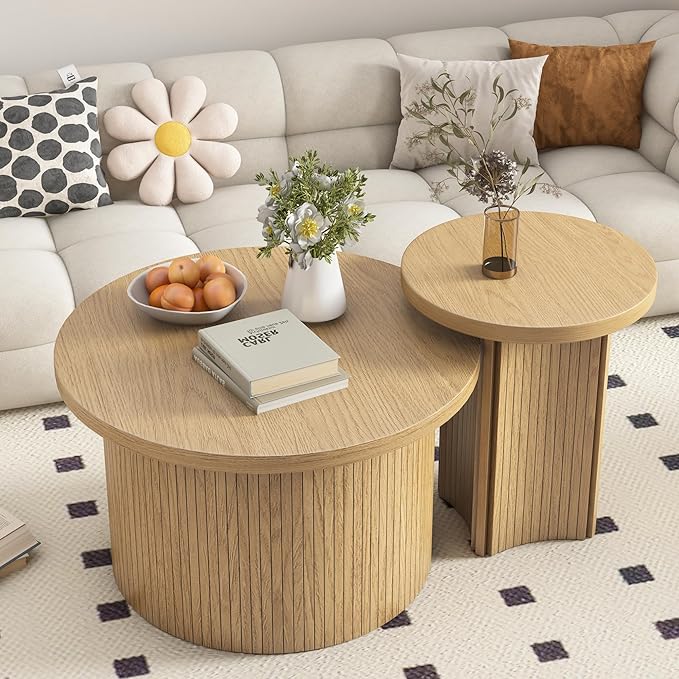 Set of 2 Nesting Coffee Tables Farmhouse,Round Coffee Table Living Room,Wood Finish Coffee Table Set, Small Coffee Tables, Sofa Side Living Room Bedroom Coffee Side Table (Large Size - Set)