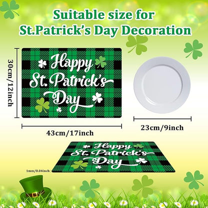 St. Patrick’s Day Placemats Set of 6 Buffalo Plaid Plastic Table Mats Lucky Shamrock Place Mats Blessed Holiday Table Decoration for Indoor Outdoor Party Kitchen Dining