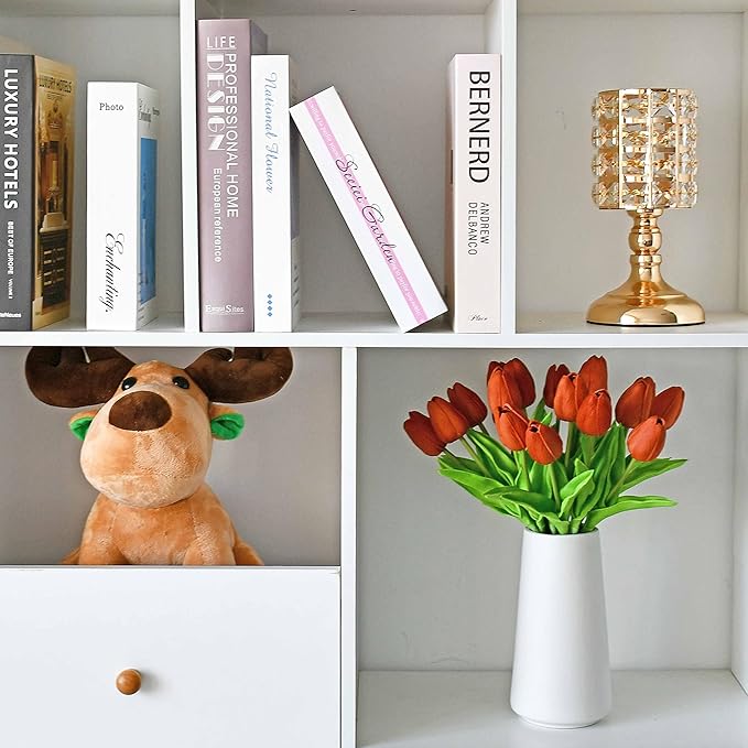 Mandy's Artificial Tulips 20 Stems Dark Orange PU Faux Flowers for Wedding Home Decor 13.5 Inch