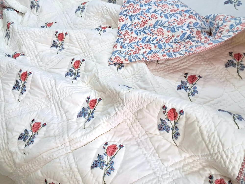Queen Size Rose Pink Cotton Throw Blanket – Hand Block Printed 90x108 Bedspread – Lightweight Soft Quilt for Sofa, Couch, or Bed – Cozy All-Season Boho Blanket