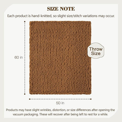 Carriediosa Chunky Knit Throw Blanket 50" X 60", 100% Hand Made Large Chenille Loop Yarn Soft Fluffy Throws for Couch Sofa Bed, Big Crochet Cozy Heavy Thick Cable Woven Blanket, Light Brown