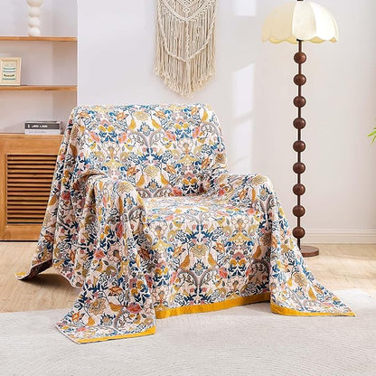 Boho Blanket Throw Quilt, 100% Cotton Soft Light Weight Throw Blankets for Summer, 80"x90" Farmhouse Flower Decorative Blankets, All Season Rustic Reversible Bohemian Throw Quilt