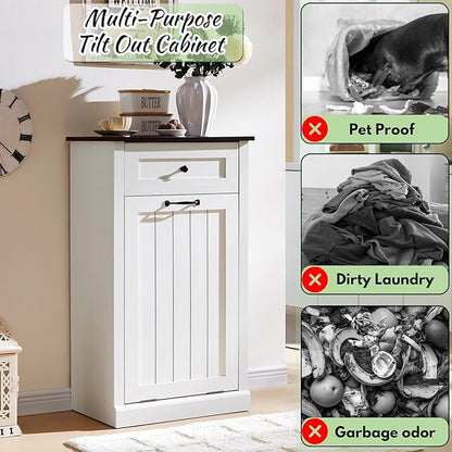 Tilt Out Laundry Hamper Cabinet, 10 Gallon Farmhouse Trash Can Cabinet with Drawer, Hidden Wood Garbage Can Bin Cabinet with Laundry Storage Basket for Bathroom, Kitchen, Antique White