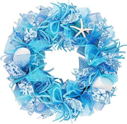 24 Inch Coastal Seashell Large Wreath with Natural Starfish & Scallops Shell, Blue Beach Style Front Door Wreath with for Spring Summer, Farmhouse Rustic Indoor Outdoor Home Wall Wedding Decor