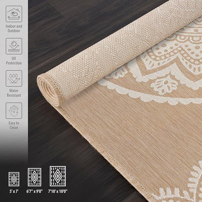 CAMILSON Outdoor Rug 8x10 Modern Area Rugs for Indoor and Outdoor Patios and Porches - Waterproof, Washable, Non-Shedding, Easy-to-Clean Outside Carpet (8 x 10, Medallion - Beige/White)