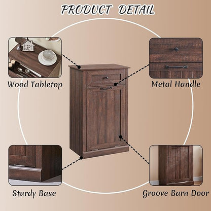 Tilt Out Laundry Hamper Cabinet, 10 Gallon Farmhouse Trash Can Cabinet with Drawer, Hidden Wood Garbage Can Bin Cabinet with Laundry Storage Basket for Bathroom, Kitchen, Brown