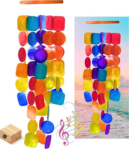 Bellaa 22890 Wind Chimes Outdoor, Garden Decorations, Musical, Indoor/Outside Windchimes, Beach, Ocean Breeze, Gifts for Mom, Gift for All Occasions, Capiz Sea Glass Shells Wood 27 inch Rainbow