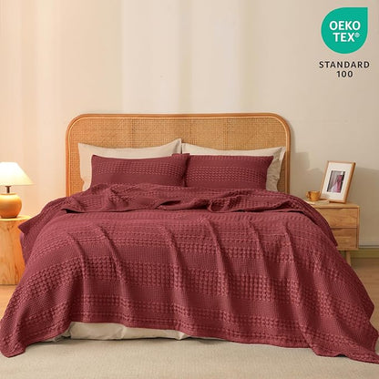 PHF 100% Cotton Waffle Weave Blanket King Size, Soft Lightweight Breathable Cozy Summer Blankets for Bed, Luxury Aesthetic Woven Bedding for Home Decor, 108"x90", Wine Red