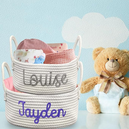 Personalized Baby Basket with Name Custom Cotton Rope Storage Bin for Diaper Caddy, Organizer, Keepsake - Shower Gift