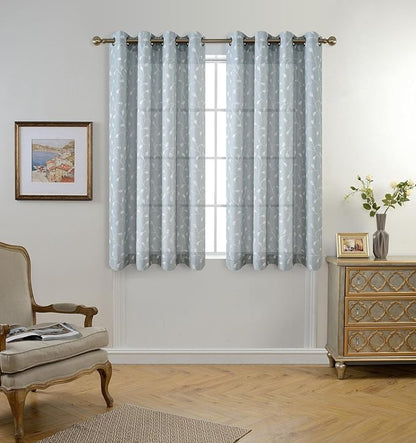 MIUCO Floral Embroidery Semi Sheer Curtains Faux Linen Grommet Curtains for Living Room 52 x 84 Inch 2 Panels Set, Sea Foam