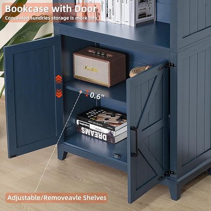 70in Tall Bookshelf 5 Tier Bookcase with Barn Doors and Adjustable Shelves, Blue Farmhouse Book Shelf with Storage Cabinet, Wood Freestanding Display Bookshelves for Bedroom, Living Room