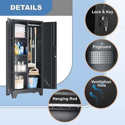 61" Broom Closet Storage Cabinet, Metal Storage Cabinet with Doors, Utility Cabinets for Brooms and Mops, Cleaning Tool Cabinets for Garage, Laundry Room, Bathroom