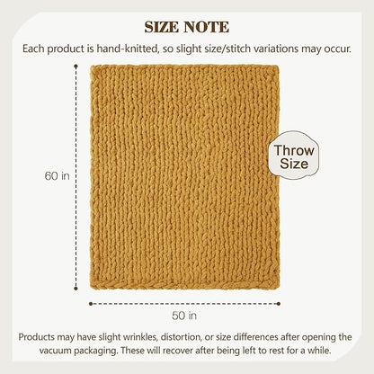 Carriediosa Chunky Knit Throw Blanket 50" X 60", 100% Hand Made Large Chenille Loop Yarn Soft Fluffy Throws for Couch Sofa Bed, Big Crochet Cozy Heavy Thick Cable Woven Blanket, Yellow