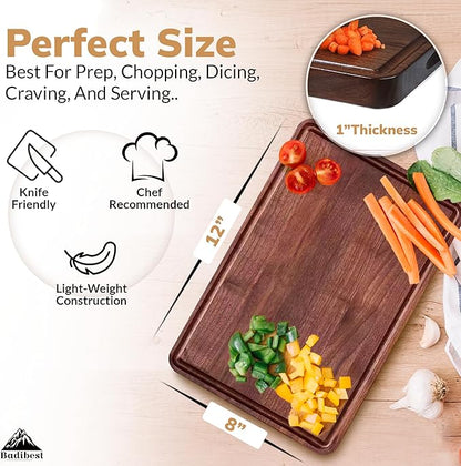Handcrafted Walnut Wood Cutting Board 12x8, Non Toxic Kitchen Chopping Board with Juice Groove Charcuterie Serving Board, Eco & Knife Friendly Small Wooden Cutting Boards for Kitchen, Restaurant Use