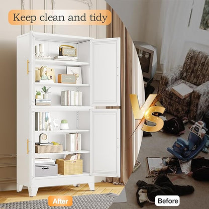 75.2" Tall Metal Pantry Cabinet, Kitchen Pantry Storage Cabinets with 4 Door and 4 Adjustable Shelves, White Storage Cabinet, Freestanding Cupboard for Kitchen Dining Room Living Room Bathroom