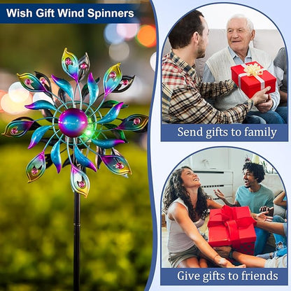 360°Peacock Solar Wind Spinner with Lights Blue Metal Garden Outdoor Decor Yard Lawn Art Decor for Patio Kinetic Windmills Unique Gifts for Friends and Family 51.9' H x 12.2'' Dia